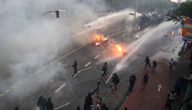 Police uses a water cannon during anti-G20 protests on the first day of the G20 summit in Hamburg