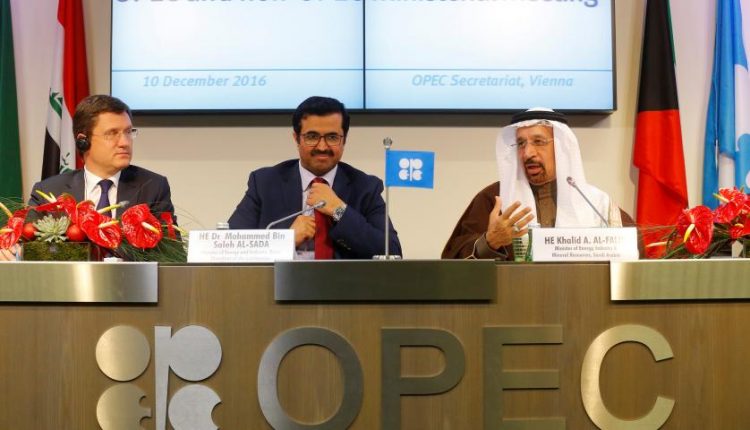 Russia’s Energy Minister Novak, OPEC President al-Sada and Saudi Arabia’s energy minister al-Falih address a news conference after a meeting in Vienna