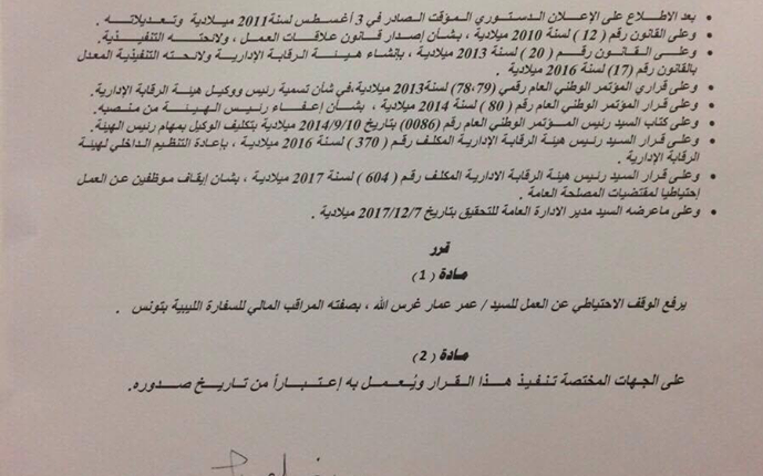 الرقابة الإدارية ترفع الوقف الاحتياطي عن المراقب المالي للسفارة الليبية بتونس